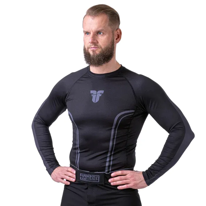 Rashguard - FIGHTER - Lines - dlhý rukáv - čierny/šedý nápis